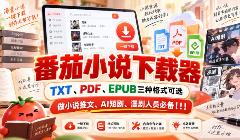 番茄小说下载器，TXT、PDF、EPUB三种格式可选，做小说推文、AI短剧、漫剧人员必备！！！网创-网赚-电商-tk-出海-AI-抖音-快手-小红书-视频号-玩法-创业-小程序-公众号-私域-s粉网创智库
