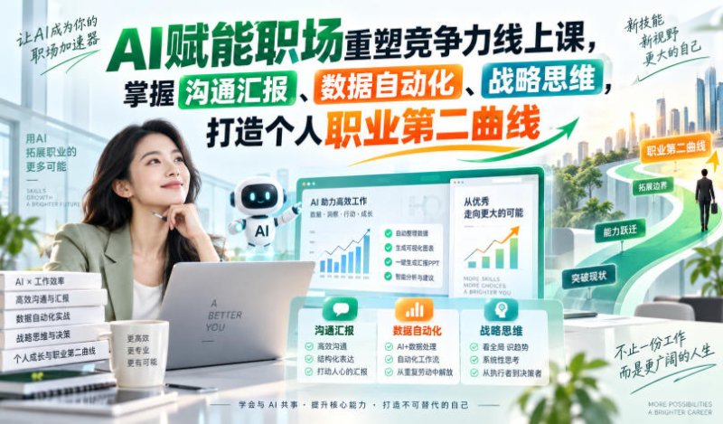 AI赋能职场重塑竞争力线上课，掌握沟通汇报、数据自动化、战略思维，打造个人职业第二曲线网创-网赚-电商-tk-出海-AI-抖音-快手-小红书-视频号-玩法-创业-小程序-公众号-私域-s粉网创智库