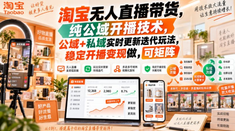 淘宝无人直播带货，纯公域开播技术，公域+私域实时更新迭代玩法，稳定开播变现做，可矩阵【揭秘】网创-网赚-电商-tk-出海-AI-抖音-快手-小红书-视频号-玩法-创业-小程序-公众号-私域-s粉网创智库