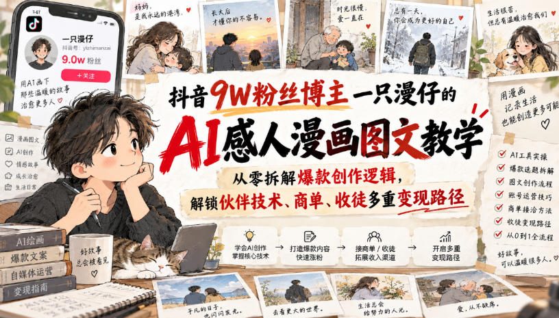 抖音9W粉丝博主一只漫仔的AI感人漫画图文教学，从零拆解爆款创作逻辑，解锁伙伴技术、商单、收徒多重变现路径 - 网创智库网创-网赚-电商-tk-出海-AI-抖音-快手-小红书-视频号-玩法-创业-小程序-公众号-私域-s粉网创智库