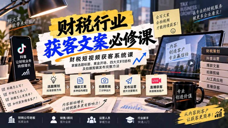 财税短视频获客系统课:掌握选题标题、黄金开场、四大文案结构及拍摄剪辑发布完整方法网创-网赚-电商-tk-出海-AI-抖音-快手-小红书-视频号-玩法-创业-小程序-公众号-私域-s粉网创智库