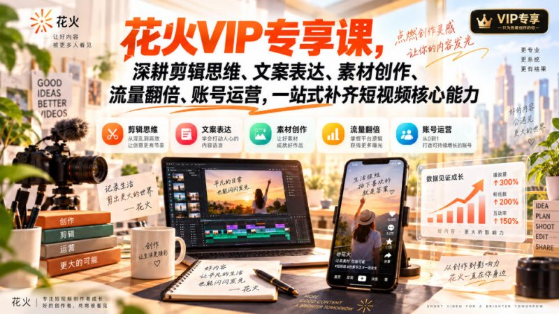花火VIP专享课,深耕剪辑思维、文案表达、素材创作、流量翻倍、账号运营,一站式补齐短视频核心能力网创-网赚-电商-tk-出海-AI-抖音-快手-小红书-视频号-玩法-创业-小程序-公众号-私域-s粉网创智库