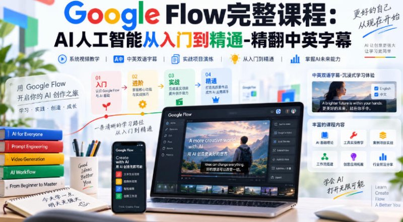 【无水印】Google Flow完整课程：AI人工智能从入门到精通-精翻中英字幕网创-网赚-电商-tk-出海-AI-抖音-快手-小红书-视频号-玩法-创业-小程序-公众号-私域-s粉网创智库