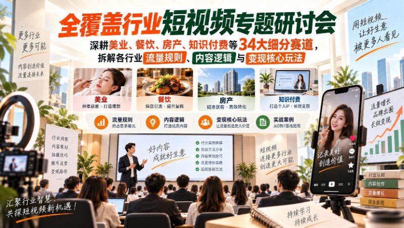 短视频专题研讨会，深耕美业、餐饮、房产、知识付费等34大细分赛道，拆解各行业流量规则、内容逻辑与变现核心玩法网创-网赚-电商-tk-出海-AI-抖音-快手-小红书-视频号-玩法-创业-小程序-公众号-私域-s粉网创智库