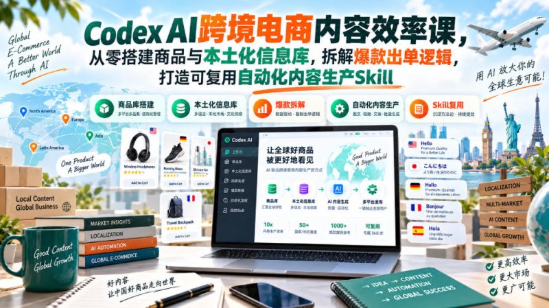 Codex AI跨境电商内容效率课，从零搭建商品与本土化信息库，拆解爆款出单逻辑，打造可复用自动化内容生产Skill网创-网赚-电商-tk-出海-AI-抖音-快手-小红书-视频号-玩法-创业-小程序-公众号-私域-s粉网创智库