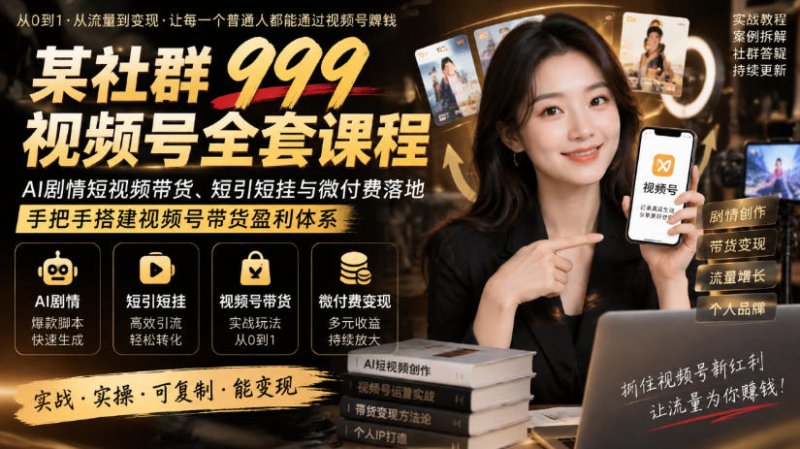 某社群999视频号全套课程，AI剧情短视频带货、短引短挂与微付费落地，手把手搭建视频号带货盈利体系网创-网赚-电商-tk-出海-AI-抖音-快手-小红书-视频号-玩法-创业-小程序-公众号-私域-s粉网创智库