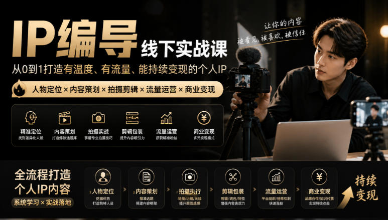 【无水印】IP编导线下实战课，从人物定位到短视频拍摄剪辑，全流程打造有温度、有流量、能持续变现的个人IP内容网创-网赚-电商-tk-出海-AI-抖音-快手-小红书-视频号-玩法-创业-小程序-公众号-私域-s粉网创智库