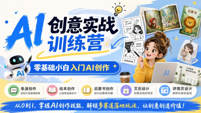AI创意实战训练营,零基础小白入门AI创作,解锁条漫、绘本、启蒙书、文创、详情页多赛道落地玩法网创-网赚-电商-tk-出海-AI-抖音-快手-小红书-视频号-玩法-创业-小程序-公众号-私域-s粉网创智库