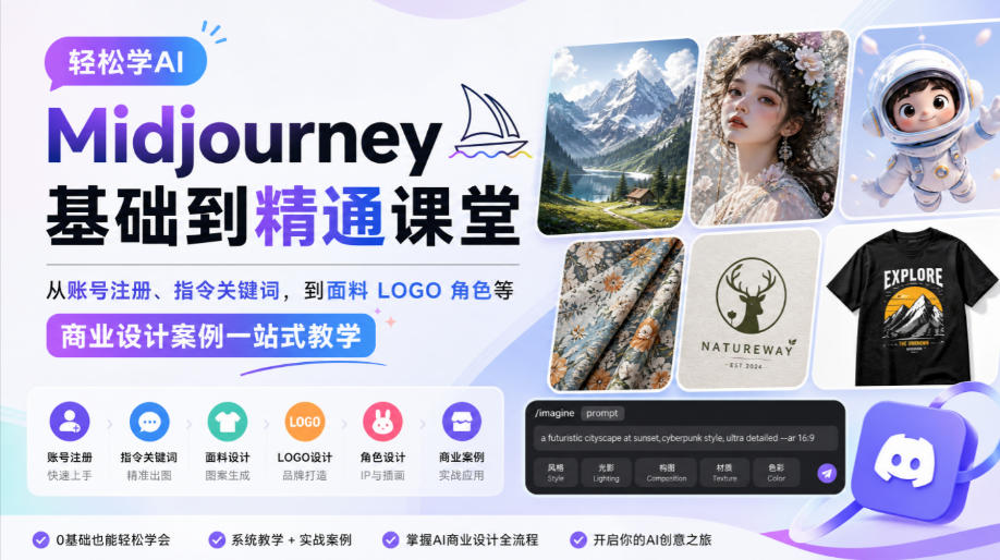 轻松学AI Midjourney基础到精通课堂，从账号注册、指令关键词，到面料LOGO角色等商业设计案例一站式教学 - 网创智库网创-网赚-电商-tk-出海-AI-抖音-快手-小红书-视频号-玩法-创业-小程序-公众号-私域-s粉网创智库