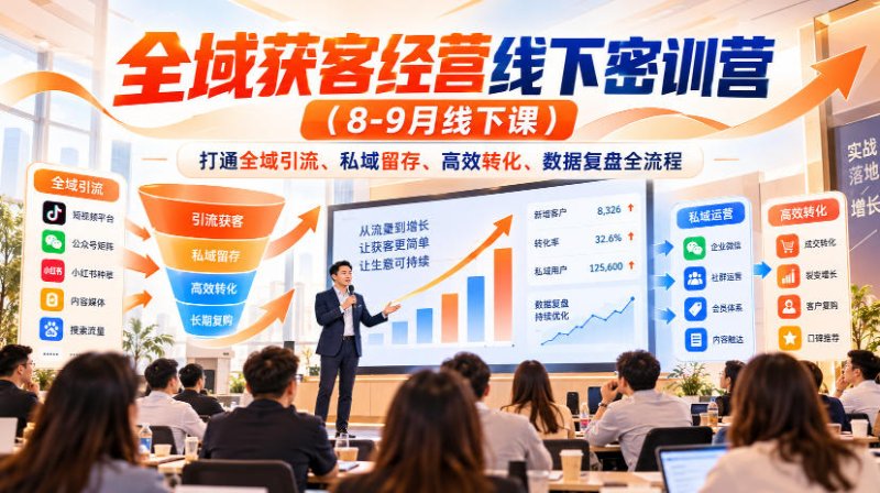 全域获客经营线下密训营(8-9月线下课)，打通全域引流、私域留存、高效转化、数据复盘全流程网创-网赚-电商-tk-出海-AI-抖音-快手-小红书-视频号-玩法-创业-小程序-公众号-私域-s粉网创智库