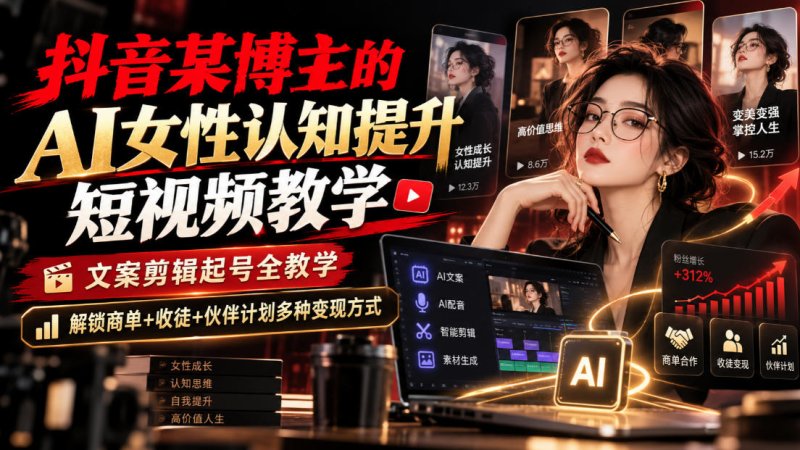 抖音某博主的Ai女性认知提升短视频教学,文案剪辑起号全教学,解锁商单+收徒+伙伴计划多种变现方式网创-网赚-电商-tk-出海-AI-抖音-快手-小红书-视频号-玩法-创业-小程序-公众号-私域-s粉网创智库