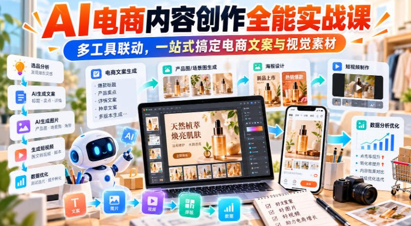 【无水印】AI电商内容创作全能实战课|多工具联动,一站式搞定电商文案与视觉素材网创-网赚-电商-tk-出海-AI-抖音-快手-小红书-视频号-玩法-创业-小程序-公众号-私域-s粉网创智库