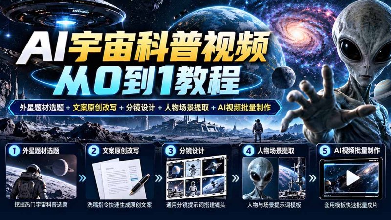 AI宇宙科普视频从0到1教程|外星题材选题+文案原创改写+分镜设计+人物场景提取+AI视频批量制作网创-网赚-电商-tk-出海-AI-抖音-快手-小红书-视频号-玩法-创业-小程序-公众号-私域-s粉网创智库