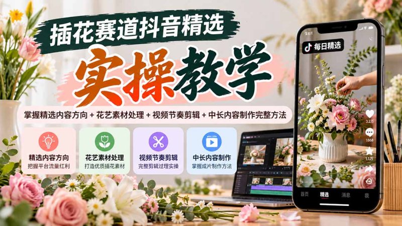 插花赛道抖音精选实操教学:掌握精选内容方向+花艺素材处理+视频节奏剪辑+中长内容制作完整方法网创-网赚-电商-tk-出海-AI-抖音-快手-小红书-视频号-玩法-创业-小程序-公众号-私域-s粉网创智库