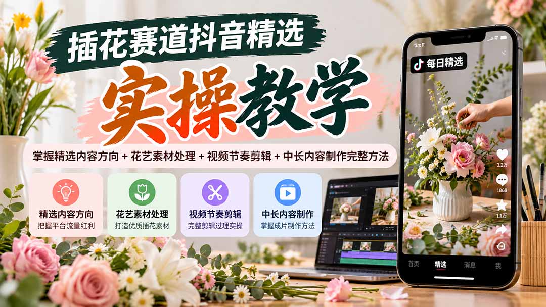 插花赛道抖音精选实操教学：掌握精选内容方向+花艺素材处理+视频节奏剪辑+中长内容制作完整方法 - 网创智库网创-网赚-电商-tk-出海-AI-抖音-快手-小红书-视频号-玩法-创业-小程序-公众号-私域-s粉网创智库