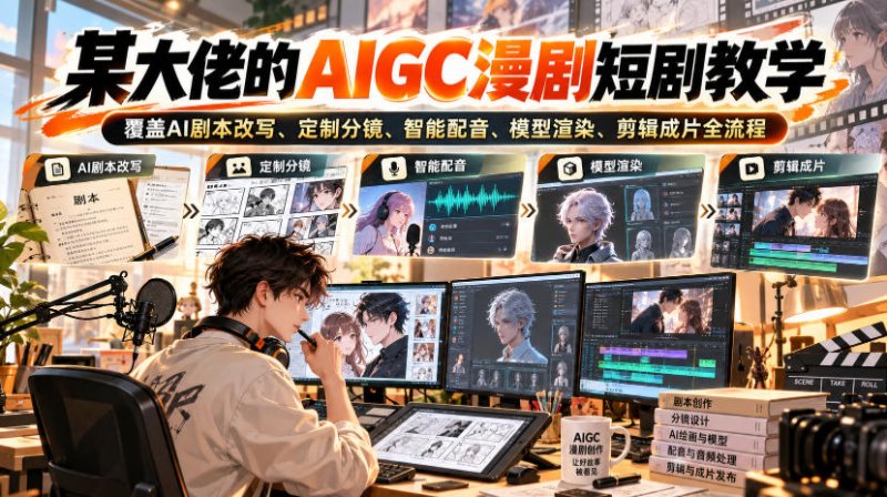 某大佬的AIGC漫剧短剧教学，覆盖AI剧本改写、定制分镜、智能配音、模型渲染、剪辑成片全流程网创-网赚-电商-tk-出海-AI-抖音-快手-小红书-视频号-玩法-创业-小程序-公众号-私域-s粉网创智库