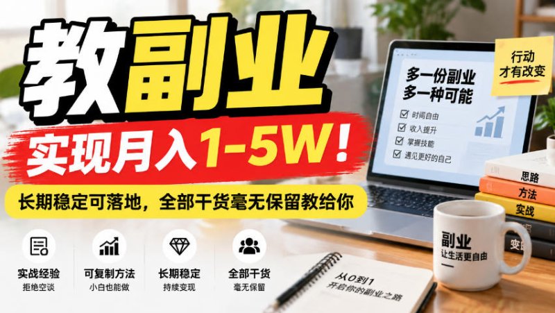 “教副业”实现月入1-5W！长期稳定可落地，全部干货毫无保留教给你【揭秘】网创-网赚-电商-tk-出海-AI-抖音-快手-小红书-视频号-玩法-创业-小程序-公众号-私域-s粉网创智库