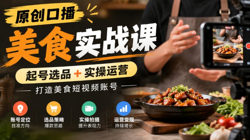 原创口播美食实战课，起号选品+实操运营，打造美食短视频账号网创-网赚-电商-tk-出海-AI-抖音-快手-小红书-视频号-玩法-创业-小程序-公众号-私域-s粉网创智库