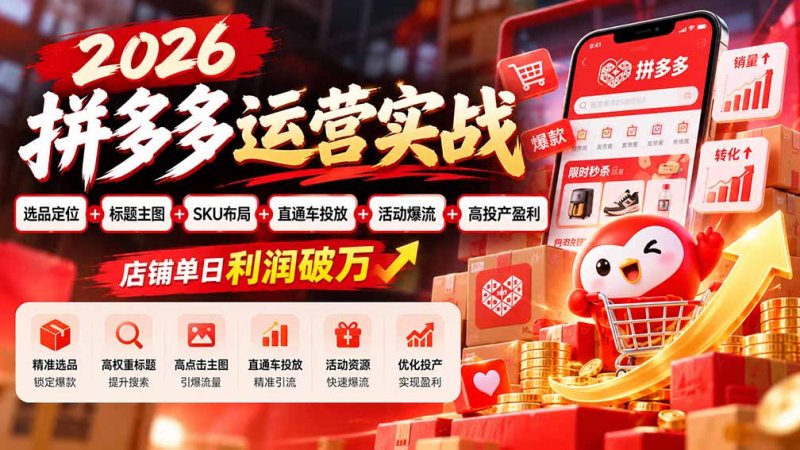 2026拼多多运营实战-更新1002：选品定位+标题主图+SKU布局+直通车投放+活动爆流+高投产盈利 店铺单日利润破万网创-网赚-电商-tk-出海-AI-抖音-快手-小红书-视频号-玩法-创业-小程序-公众号-私域-s粉网创智库