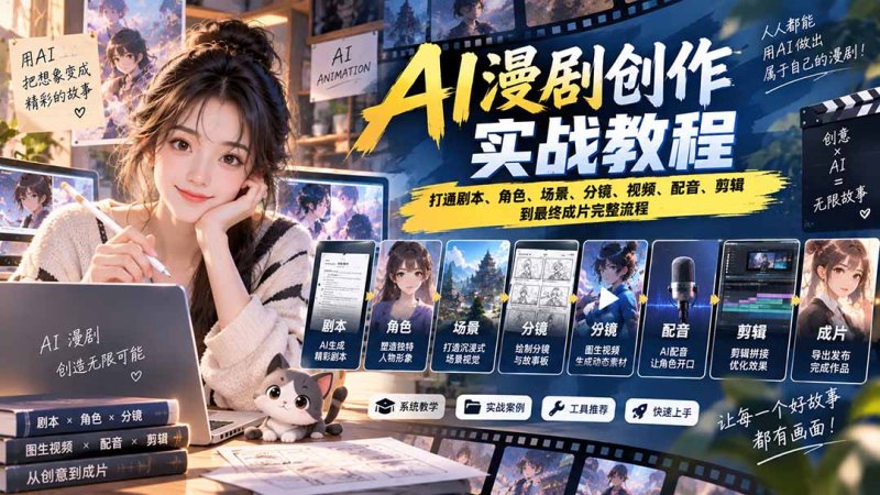 2026 AI漫剧创作实战教程:打通剧本、角色、场景、分镜、视频、配音、剪辑到最终成片完整流程网创-网赚-电商-tk-出海-AI-抖音-快手-小红书-视频号-玩法-创业-小程序-公众号-私域-s粉网创智库