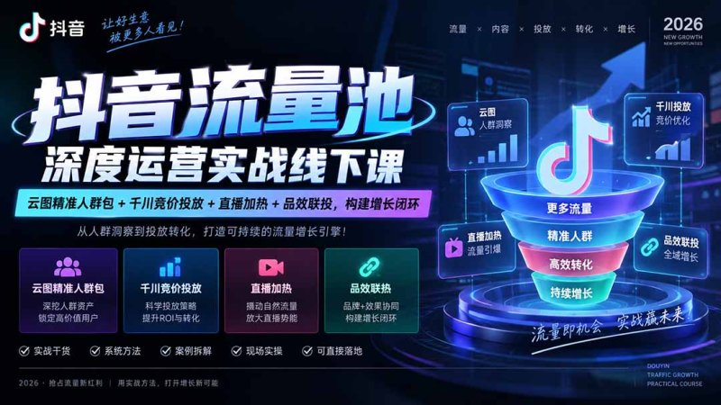 抖音流量池深度运营实战线下课｜云图精准人群包+千川竞价投放+直播加热+品效联投，构建增长闭环网创-网赚-电商-tk-出海-AI-抖音-快手-小红书-视频号-玩法-创业-小程序-公众号-私域-s粉网创智库