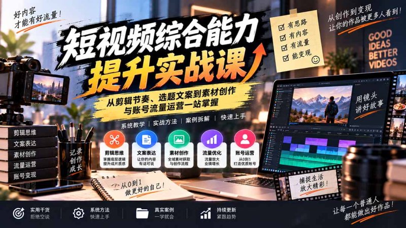 短视频综合能力提升实战课:从剪辑节奏、选题文案到素材创作与账号流量运营一站掌握网创-网赚-电商-tk-出海-AI-抖音-快手-小红书-视频号-玩法-创业-小程序-公众号-私域-s粉网创智库