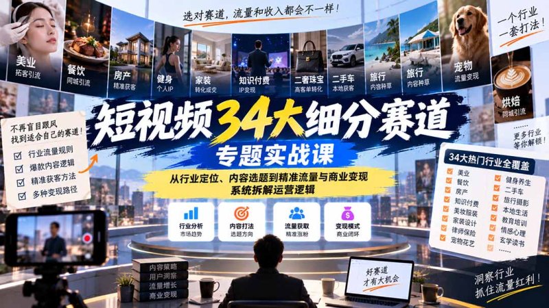 短视频34大细分赛道专题实战课:从行业定位、内容选题到精准流量与商业变现,系统拆解运营逻辑网创-网赚-电商-tk-出海-AI-抖音-快手-小红书-视频号-玩法-创业-小程序-公众号-私域-s粉网创智库