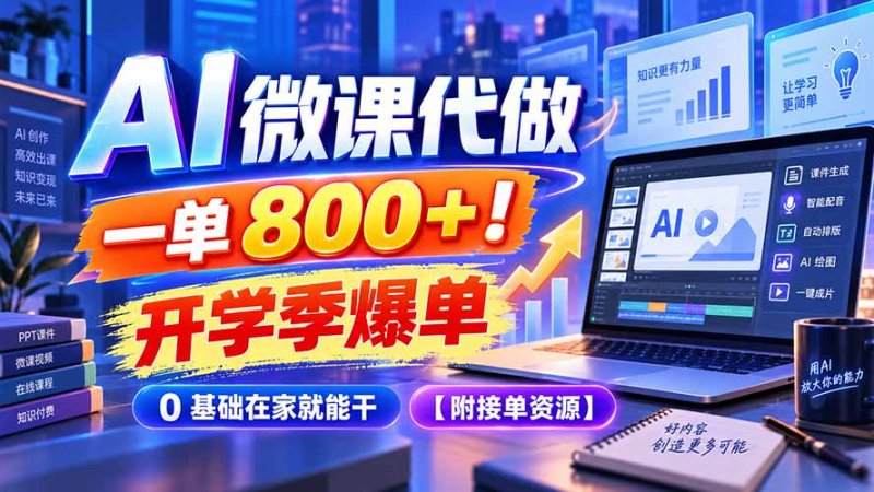 AI 微课代做，一单 800+！开学季爆单，0 基础在家就能干【附接单资源】网创-网赚-电商-tk-出海-AI-抖音-快手-小红书-视频号-玩法-创业-小程序-公众号-私域-s粉网创智库