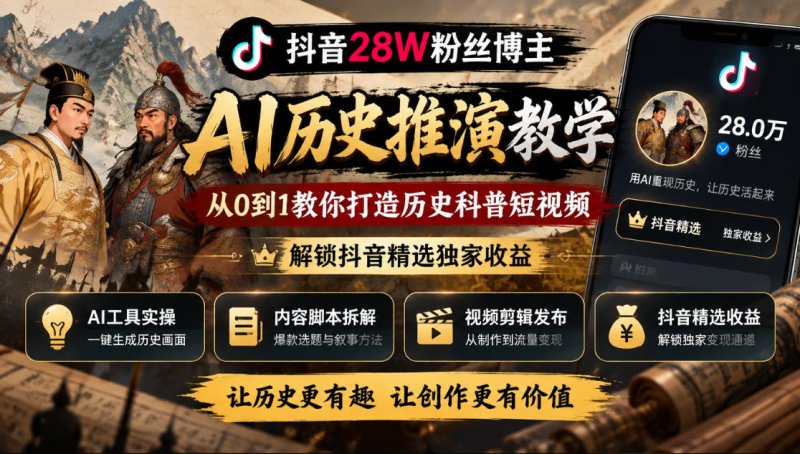 抖音28W粉丝博主的AI历史推演教学,从0到1教你打造历史科普短视频,解锁抖音精选独家收益网创-网赚-电商-tk-出海-AI-抖音-快手-小红书-视频号-玩法-创业-小程序-公众号-私域-s粉网创智库