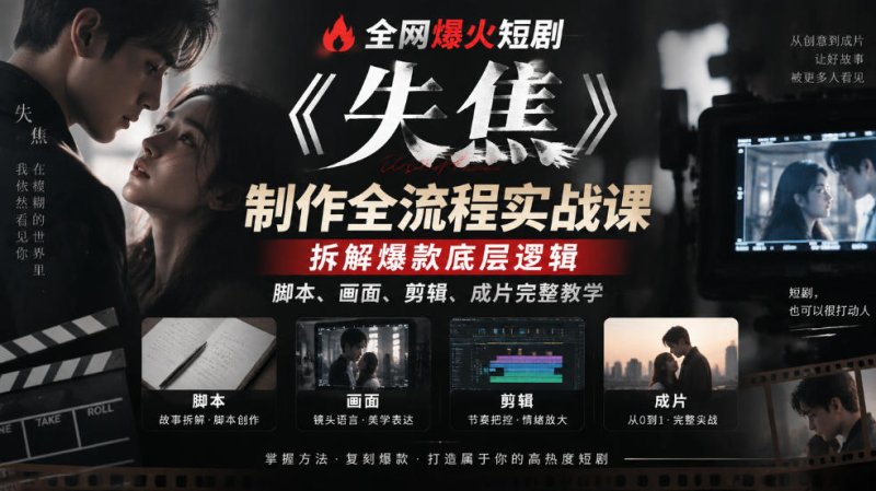 全网爆火短剧《失焦》制作全流程实战课|拆解爆款底层逻辑,脚本、画面、剪辑、成片完整教学网创-网赚-电商-tk-出海-AI-抖音-快手-小红书-视频号-玩法-创业-小程序-公众号-私域-s粉网创智库
