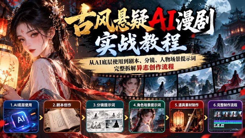 古风悬疑AI漫剧实战教程：从AI底层使用到剧本、分镜、人物场景提示词，完整拆解异志创作流程网创-网赚-电商-tk-出海-AI-抖音-快手-小红书-视频号-玩法-创业-小程序-公众号-私域-s粉网创智库