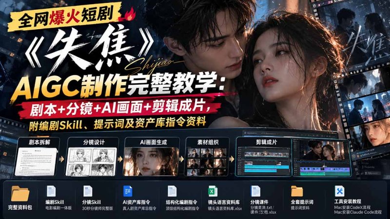 全网爆火短剧《失焦》AIGC制作完整教学：剧本+分镜+AI画面+剪辑成片，附编剧Skill、提示词及资产库指令资料网创-网赚-电商-tk-出海-AI-抖音-快手-小红书-视频号-玩法-创业-小程序-公众号-私域-s粉网创智库