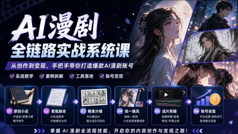 AI漫剧全链路实战系统课｜原创小说、智能剧本、精准分镜、统一画风、成片剪辑、账号变现实操教学网创-网赚-电商-tk-出海-AI-抖音-快手-小红书-视频号-玩法-创业-小程序-公众号-私域-s粉网创智库