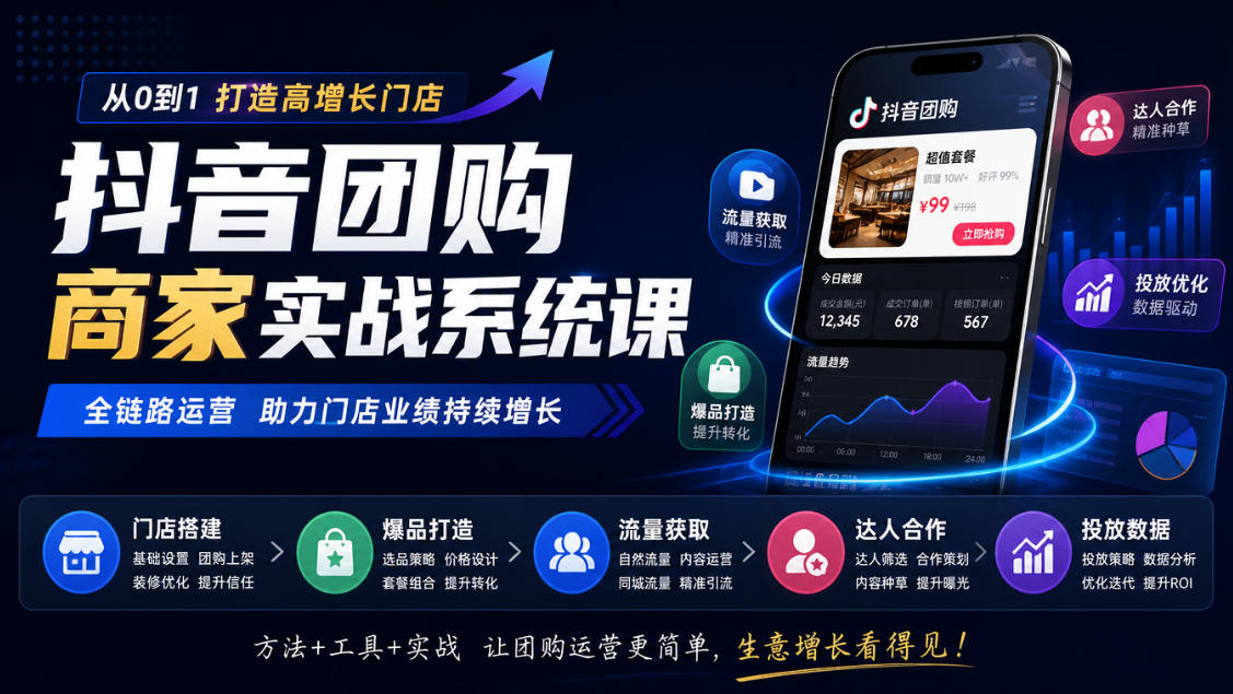 抖音团购商家实战系统课｜门店搭建、爆品打造、流量获取、达人合作、投放数据全链路运营 - 网创智库网创-网赚-电商-tk-出海-AI-抖音-快手-小红书-视频号-玩法-创业-小程序-公众号-私域-s粉网创智库