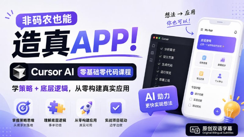 非码农也能造真APP!Cursor AI零基础零代码课程:学策略+底层逻辑,从零构建真实应用【原创双语字幕】网创-网赚-电商-tk-出海-AI-抖音-快手-小红书-视频号-玩法-创业-小程序-公众号-私域-s粉网创智库