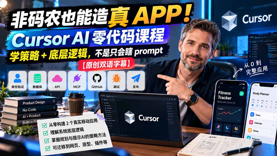 非码农也能造真 APP！Cursor AI 零代码课程：学策略 + 底层逻辑，不是只会瞎 prompt【原创双语字幕】 - 网创智库网创-网赚-电商-tk-出海-AI-抖音-快手-小红书-视频号-玩法-创业-小程序-公众号-私域-s粉网创智库