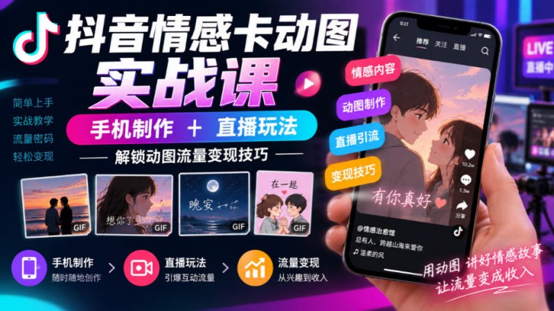 抖音情感卡动图实战课｜手机制作+直播玩法，解锁动图流量变现技巧网创-网赚-电商-tk-出海-AI-抖音-快手-小红书-视频号-玩法-创业-小程序-公众号-私域-s粉网创智库