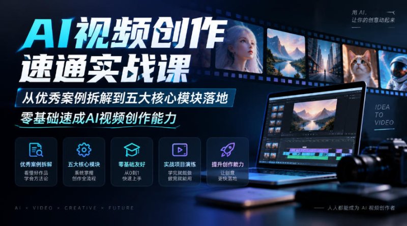 AI视频创作速通实战课｜从优秀案例拆解到五大核心模块落地，零基础速成AI视频创作能力网创-网赚-电商-tk-出海-AI-抖音-快手-小红书-视频号-玩法-创业-小程序-公众号-私域-s粉网创智库
