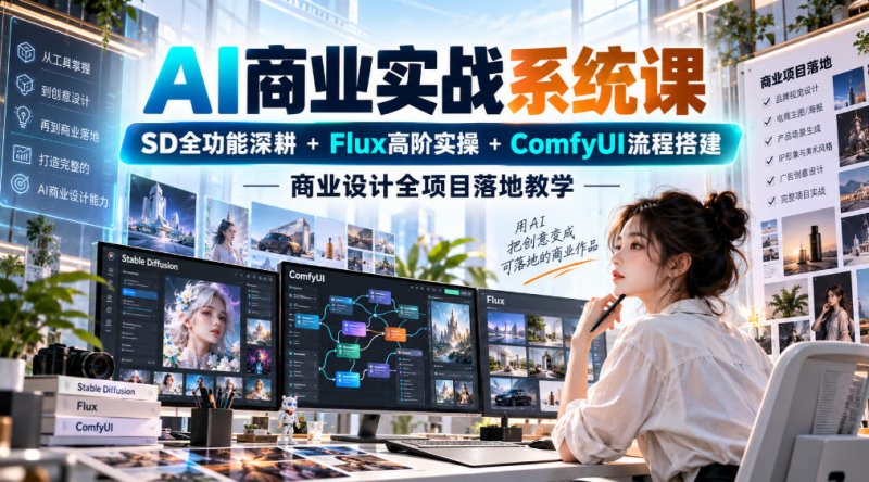 AI商业实战系统课｜SD全功能深耕+Flux高阶实操+Comfyui流程搭建，商业设计全项目落地教学网创-网赚-电商-tk-出海-AI-抖音-快手-小红书-视频号-玩法-创业-小程序-公众号-私域-s粉网创智库