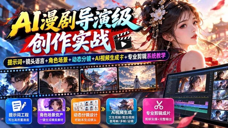 AI漫剧导演级创作实战：提示词+镜头语言+角色场景+动态分镜+AI视频生成+专业剪辑系统教学网创-网赚-电商-tk-出海-AI-抖音-快手-小红书-视频号-玩法-创业-小程序-公众号-私域-s粉网创智库