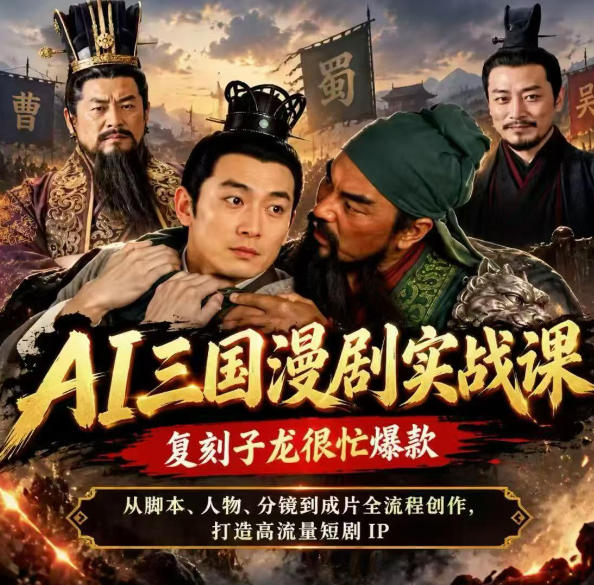 抖音14W粉博主同款AI三国漫剧实战课，复刻子龙很忙爆款，从脚本、人物、分镜到成片全流程创作，打造高流量短剧IP网创-网赚-电商-tk-出海-AI-抖音-快手-小红书-视频号-玩法-创业-小程序-公众号-私域-s粉网创智库