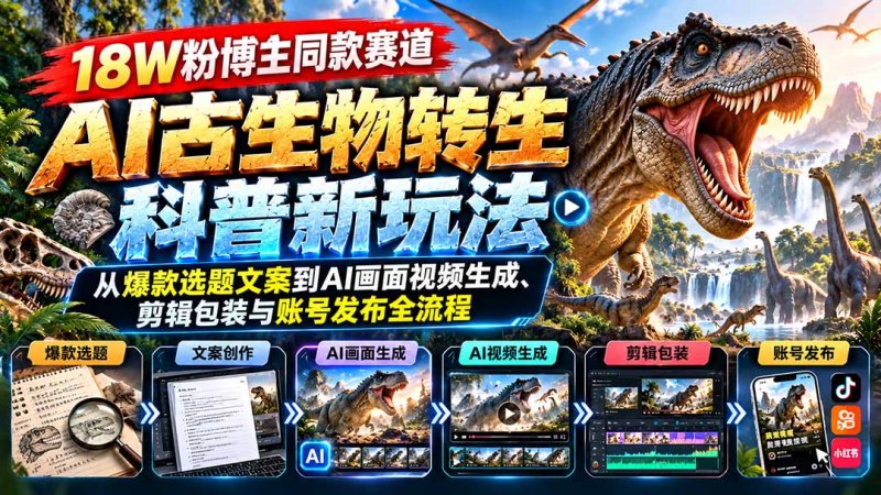 18W粉博主同款赛道-AI古生物转生科普新玩法:从爆款选题文案到AI画面视频生成、剪辑包装与账号发布全流程网创-网赚-电商-tk-出海-AI-抖音-快手-小红书-视频号-玩法-创业-小程序-公众号-私域-s粉网创智库