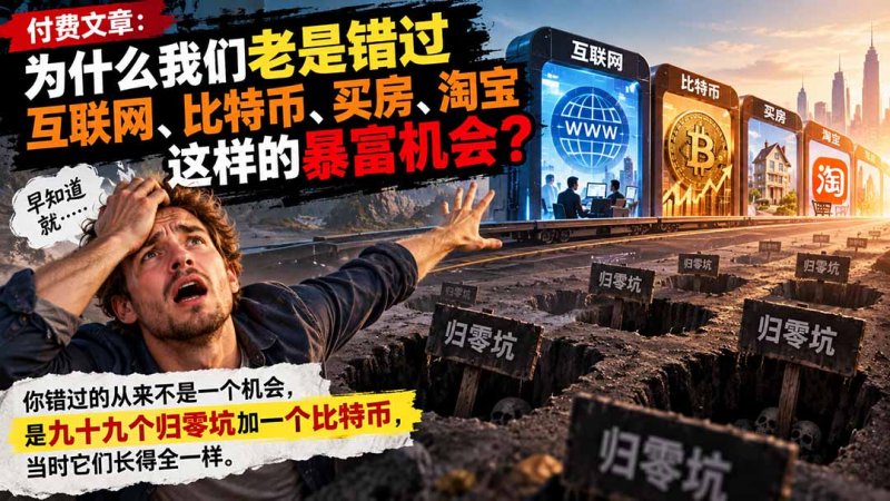 付费文章：为什么我们老是错过互联网、比特币、买 房、淘宝这样的暴富机会？网创-网赚-电商-tk-出海-AI-抖音-快手-小红书-视频号-玩法-创业-小程序-公众号-私域-s粉网创智库