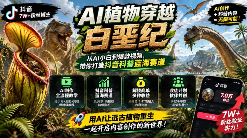 抖音7W粉丝博主的AI植物穿越白垩纪教学,抖音科普蓝海赛道,解锁商单收徒伙伴计划等多种收益网创-网赚-电商-tk-出海-AI-抖音-快手-小红书-视频号-玩法-创业-小程序-公众号-私域-s粉网创智库