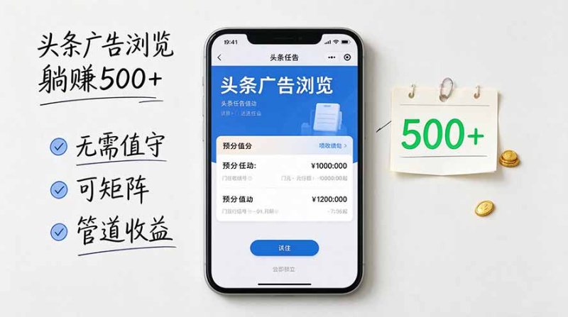 头条广告浏览躺赚500+无需值守，可矩阵并附有管道收益网创-网赚-电商-tk-出海-AI-抖音-快手-小红书-视频号-玩法-创业-小程序-公众号-私域-s粉网创智库