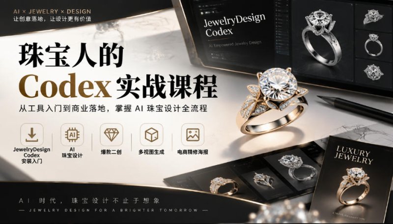 珠宝人的Codex实战课程|JewelryDesign Codex安装入门、AI珠宝设计、爆款二创、多视图生成、电商精修海报全链路教学网创-网赚-电商-tk-出海-AI-抖音-快手-小红书-视频号-玩法-创业-小程序-公众号-私域-s粉网创智库