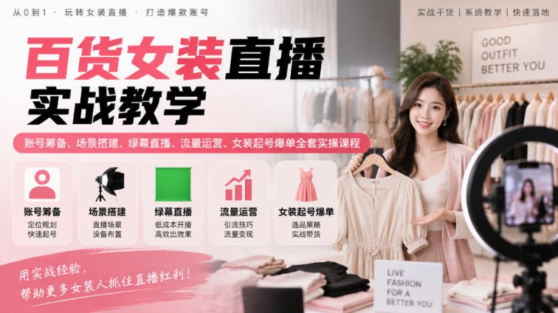 百货女装直播实战教学|账号筹备、场景搭建、绿幕直播、流量运营、女装起号爆单全套实操课程网创-网赚-电商-tk-出海-AI-抖音-快手-小红书-视频号-玩法-创业-小程序-公众号-私域-s粉网创智库