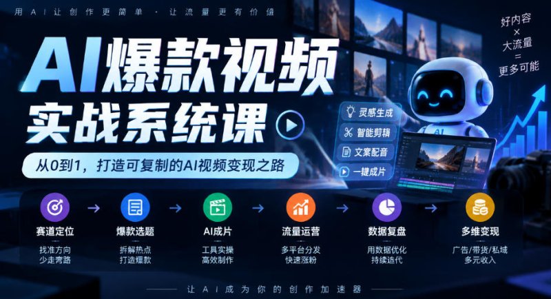 AI爆款视频实战系统课|赛道定位、爆款选题、AI成片、流量运营、数据复盘、多维变现全链路教学网创-网赚-电商-tk-出海-AI-抖音-快手-小红书-视频号-玩法-创业-小程序-公众号-私域-s粉网创智库