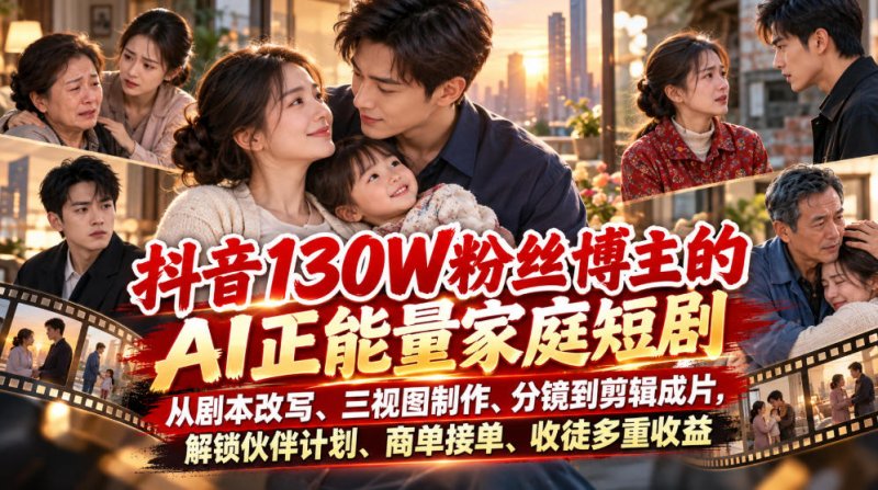 抖音130W粉丝博主的AI正能量家庭短剧,从剧本改写、三视图制作、分镜到剪辑成片,解锁伙伴计划、商单接单、收徒多重收益(更新1007)网创-网赚-电商-tk-出海-AI-抖音-快手-小红书-视频号-玩法-创业-小程序-公众号-私域-s粉网创智库