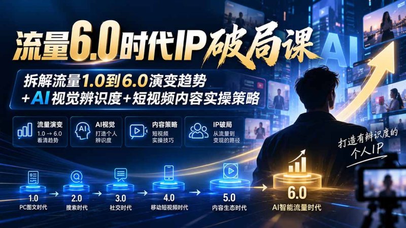 流量6.0时代IP破局课:拆解流量1.0到6.0演变趋势+AI视觉辨识度+短视频内容实操策略网创-网赚-电商-tk-出海-AI-抖音-快手-小红书-视频号-玩法-创业-小程序-公众号-私域-s粉网创智库